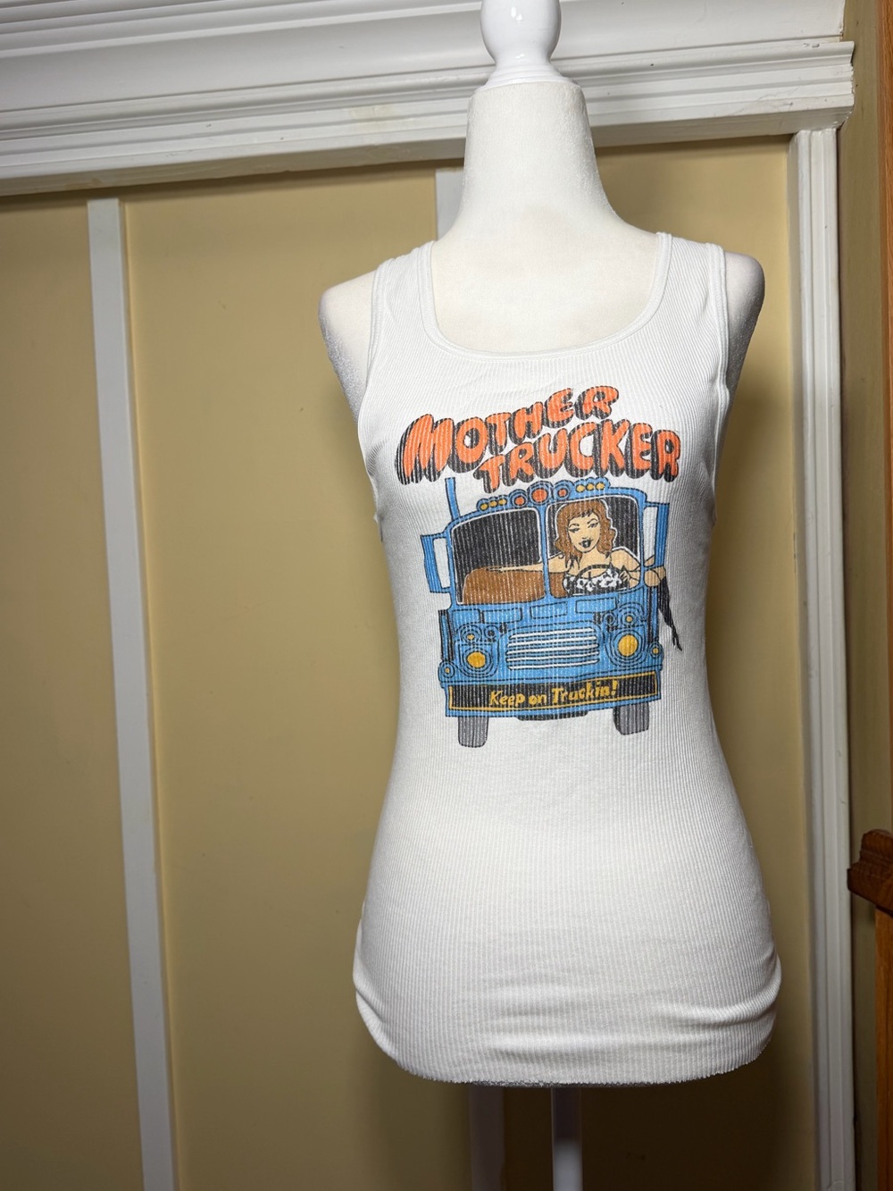 Hanes White Ribbed Tank with Blue Truck and Orange Lettering
